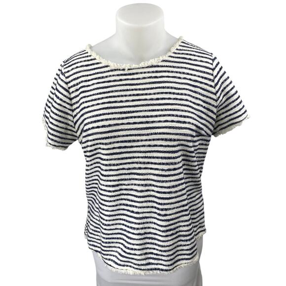 Green Envelope White Blue Striped Knit Short Sleeve Fringe T-Shirt Top Size 1X - Picture 1 of 4